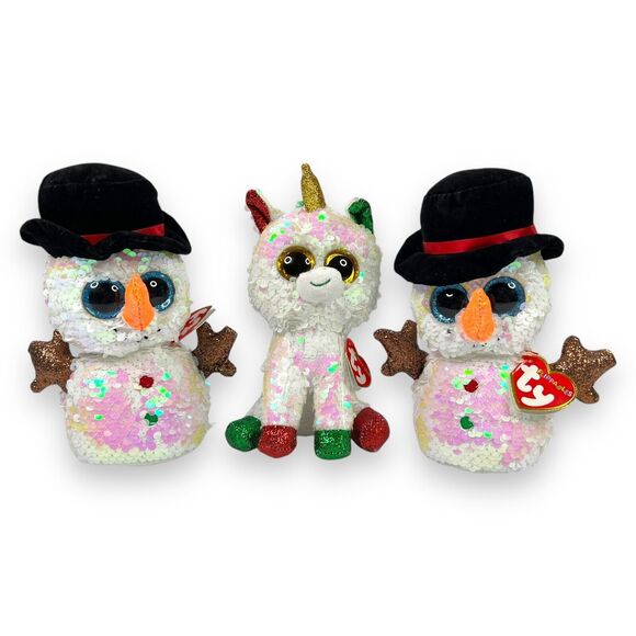 3pc Ty Flippables Christmas Holiday Snowman Unicorn Plush Toy Melty Stardust 7" - Picture 2 of 16